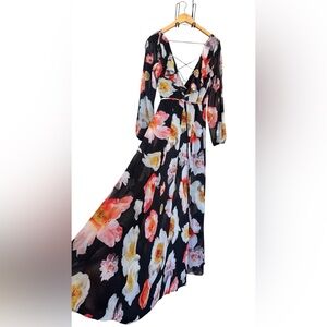 Gianni Bini Black Floral Maxi Dress Wrap Long Sleeve Criss Cross Back Size S